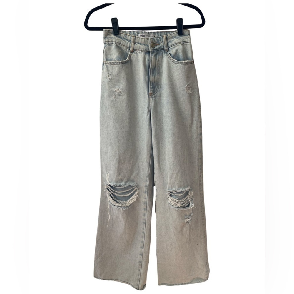 Zara High Rise Wide Leg Distressed Jeans Size 2